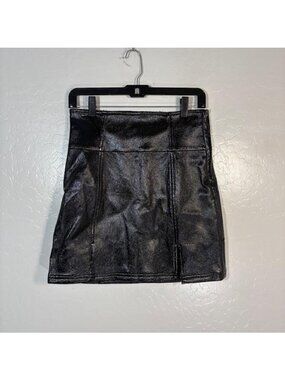 Free People Skirt Womens 4 Black Faux Leather Mini Pencil Zip Slit Stretch